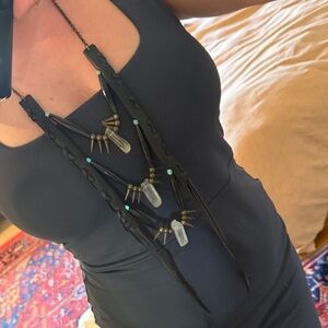 Unique statement Necklace black leather, beads and crystals